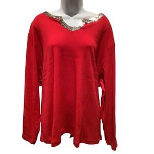 “NEW” QUACKER FACTORY RED COTTON LONG SLEEVE PULLOVER TOP W SEQUIN TRIM 3X NWT
